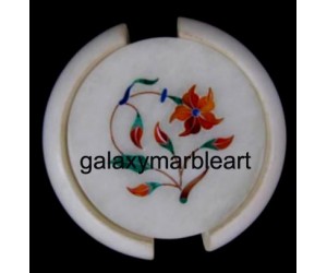 Marble inlay coaster set with cornelian flower 3.5" Cs-30